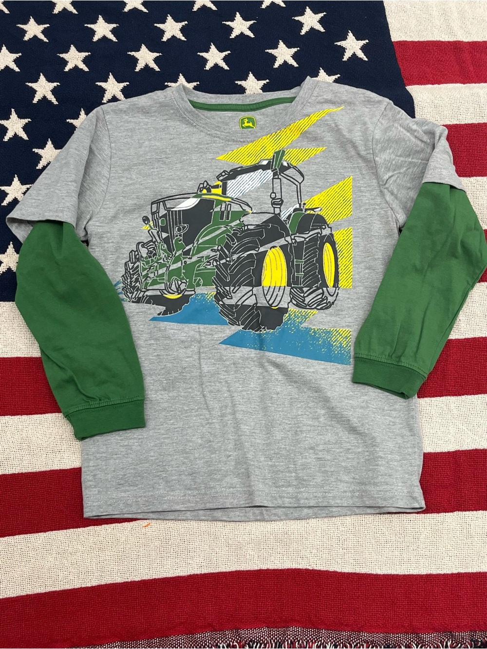 John Deere Gray Shirt with Green Sleeves & Yellow Tractor Graphic Boys Size 7
